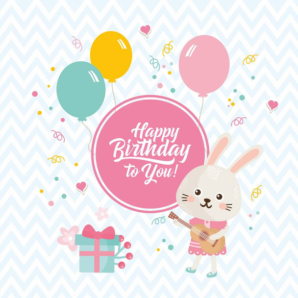 Happy Birthday card with balloons, cute bunny, gift and confetti. Great design for baby holiday, invitation and banner. - Vecteur, image