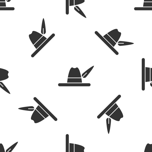 Grey Oktoberfest hat icon isolated seamless pattern on white background. Hunter hat with feather. German hat. Vector Illustration - Vector, Image