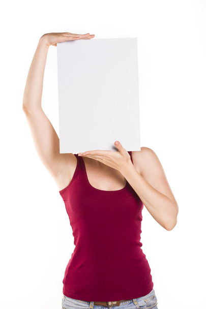 young woman showing blank signboard - Foto, imagen