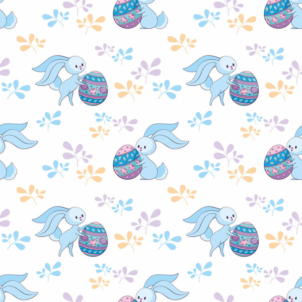 Pasen naadloos patroon met schattige konijntjes en gekleurde eieren. Kleurrijke vectorachtergrond. - Vector, afbeelding