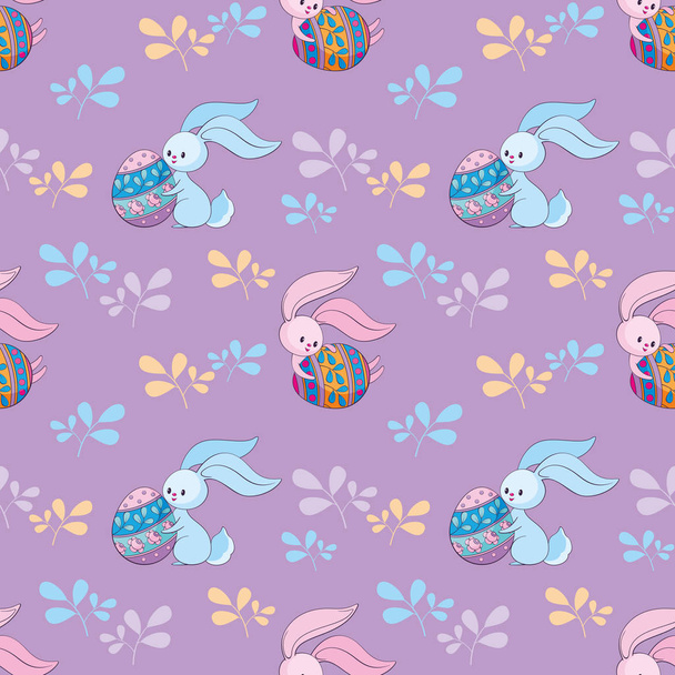 Easter seamless pattern with cute bunnies and colored eggs. Colorful vector background. - Vektör, Görsel