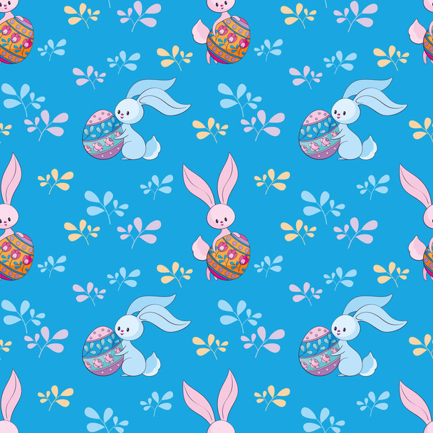 Easter seamless pattern with cute bunnies and colored eggs. Colorful vector background. - Vettoriali, immagini