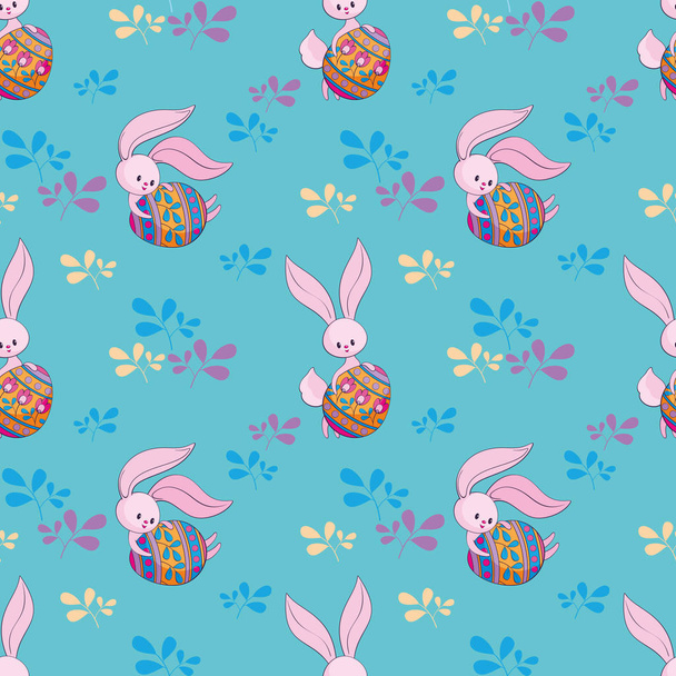 Easter seamless pattern with cute bunnies and colored eggs. Colorful vector background. - Vecteur, image