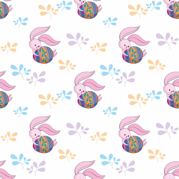 Easter seamless pattern with cute bunnies and colored eggs. Colorful vector background. - Wektor, obraz