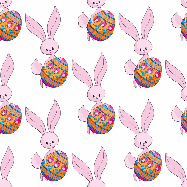 Πάσχα απρόσκοπτη μοτίβο με χαριτωμένα κουνελάκια και χρωματιστά αυγά. Πολύχρωμο διανυσματικό φόντο. - Διάνυσμα, εικόνα