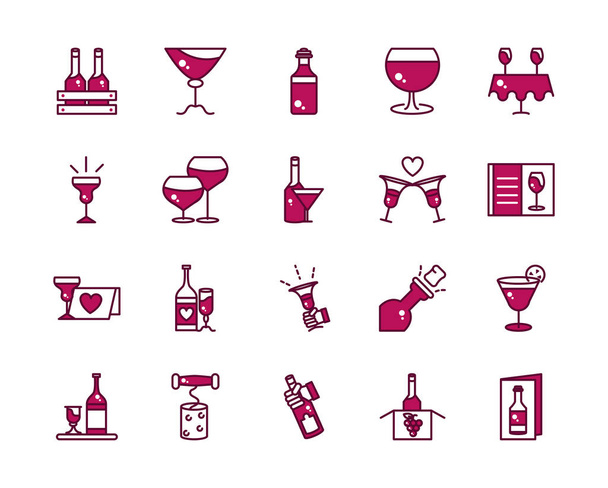 κρασί γιορτή ποτό ποτό πάρτι εκδήλωση εικόνες συλλογή γραμμή και γεμάτο - Διάνυσμα, εικόνα