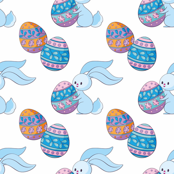 Easter seamless pattern with cute bunnies and colored eggs. Colorful vector background. - Vektor, kép