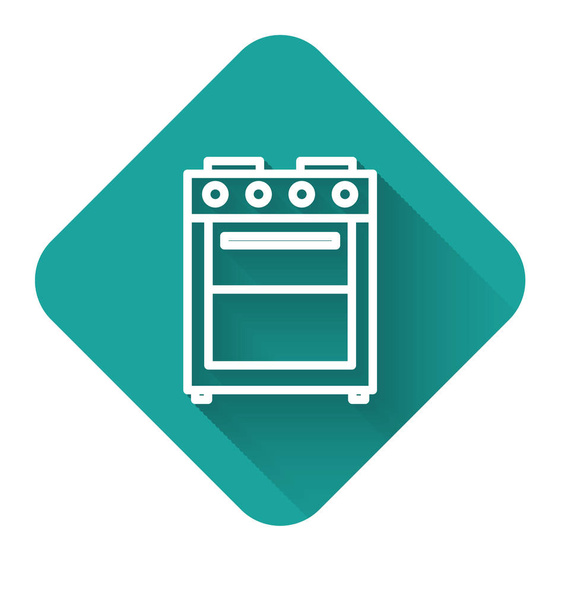 White line Oven icon isolated with long shadow. Stove gas oven sign. Green square button. Vector Illustration - Vector, Image