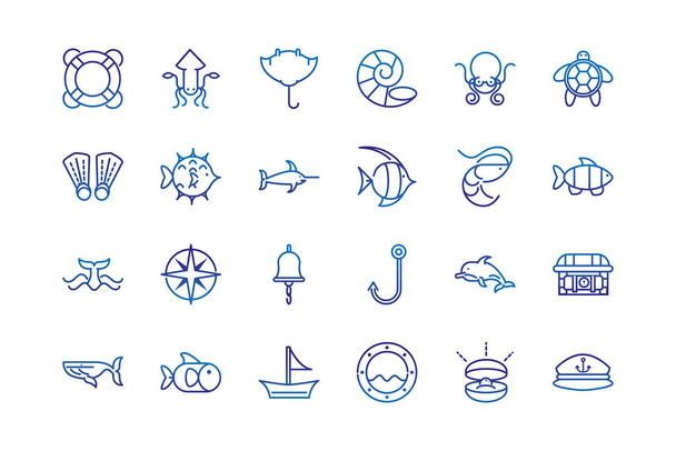 marine life nautical sea animals and equipment thick line blue icons - Vektori, kuva