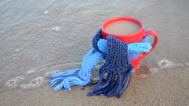 Caneca vermelha com café amarrado com cachecol de malha azul fica na praia de areia
 - Filmagem, Vídeo