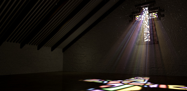 Окрашенное стеклянное окно распятие светового луча
 - Фото, изображение