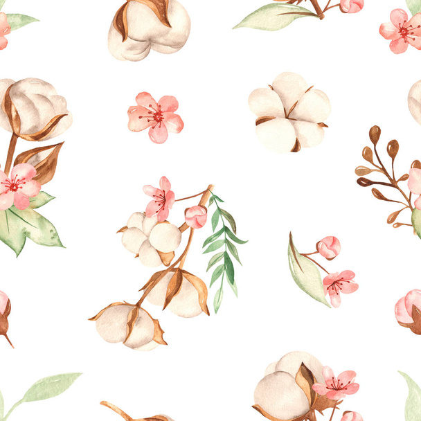 Watercolor seamless pattern with multidirectional cotton branches - Fotoğraf, Görsel
