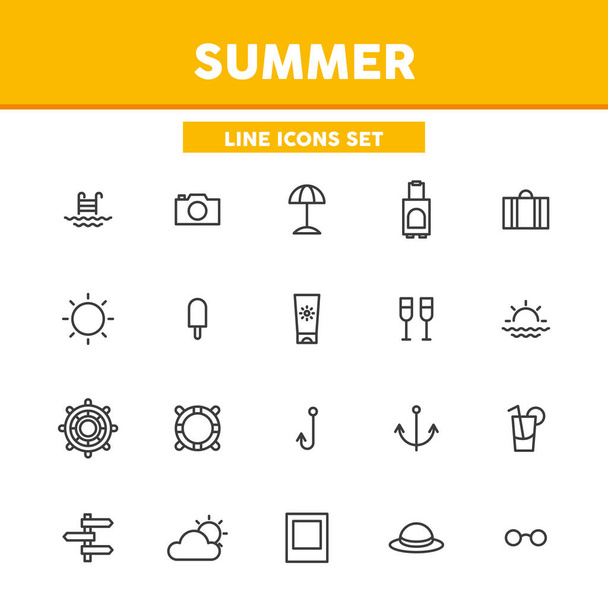 夏のシンプルな細い線のアイコンを設定します。ビーチ、海、旅行バッグ、パスポートなど。Webデザインとアプリのためのベクトルイラストシンボル要素 - ベクター画像