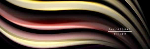 Design de cartaz de onda de fluxo suave e seda. Ondas de cor, linhas de estilo líquido e formas em fundo de cor preta
 - Vetor, Imagem