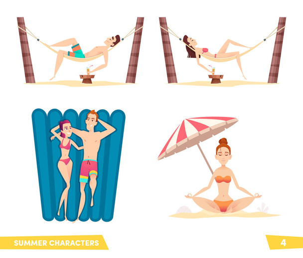 夏のビーチ漫画のキャラクターのコレクション。ビーチでの休日を楽しむ. - ベクター画像