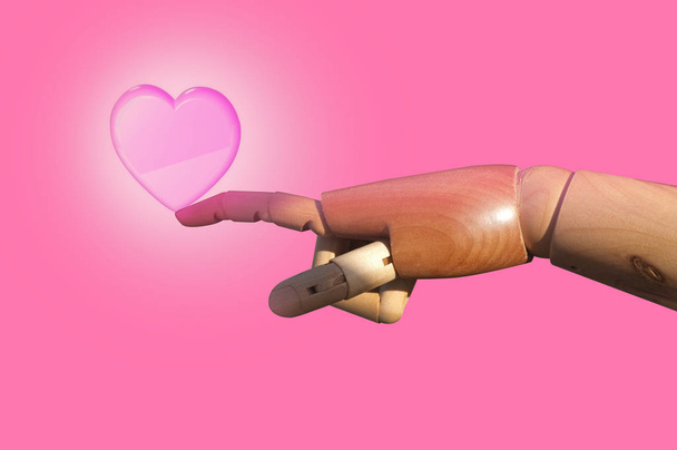 Forma de corazón en la mano del dedo índice de la muñeca de madera al tacto, Día Concepto VALENTINA
   - Foto, imagen