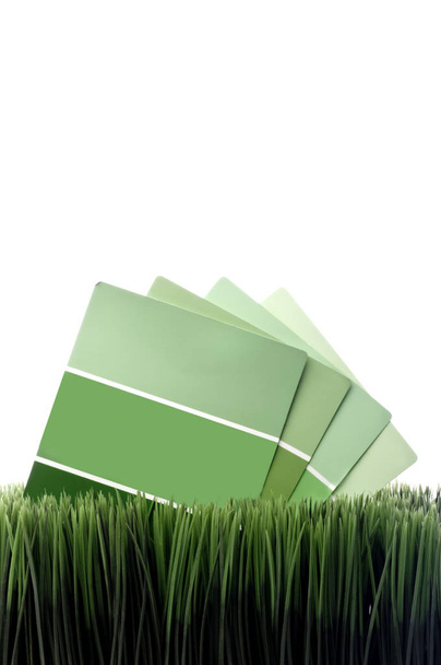 Vertical image of green paint chip samples on green grass with white space for c - Fotó, kép