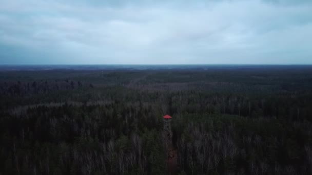 Disparo aéreo a la Torre de Observación Old Dubkalnu Sand Quarry en City Ogre, Letonia. Parque Natural de las Montañas Azules Ogre. Reservas Dubkalnu en Sunrise. Ciudad de Ogre y río Daugava en el fondo. - Imágenes, Vídeo