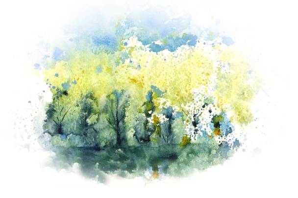 Акварельный пейзаж с лесом, голубым небом, рекой. Ручной рисунок природы Сибири. Изображение. Иллюстрация
 - Вектор,изображение