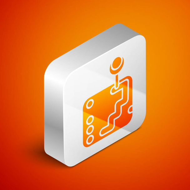 Isometrische Versnellingspook pictogram geïsoleerd op oranje achtergrond. Transmissie icoon. Zilveren vierkante knop. Vector Illustratie - Vector, afbeelding