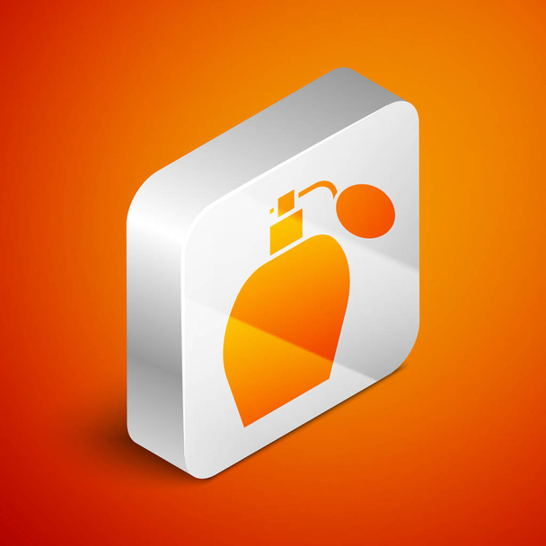 isometrisches Parfüm-Symbol auf orangefarbenem Hintergrund. Silberner quadratischer Knopf. Vektorillustration - Vektor, Bild