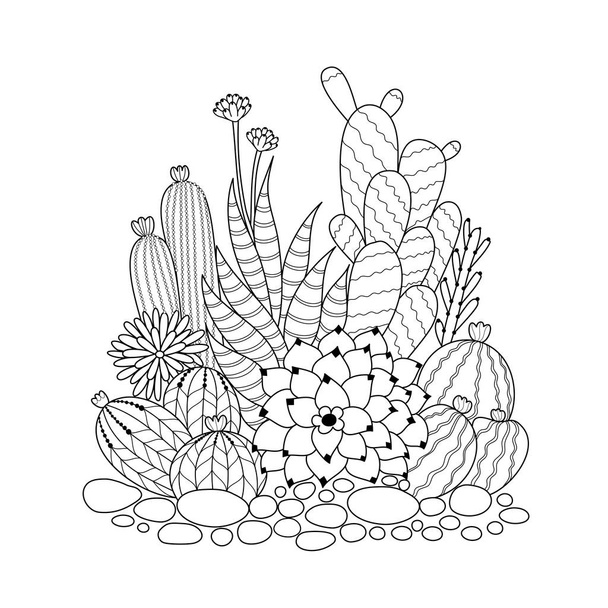 Kaktusz felnőtteknek és gyerekeknek kifestőkönyv. Kézzel rajzolt. - Vektor, kép