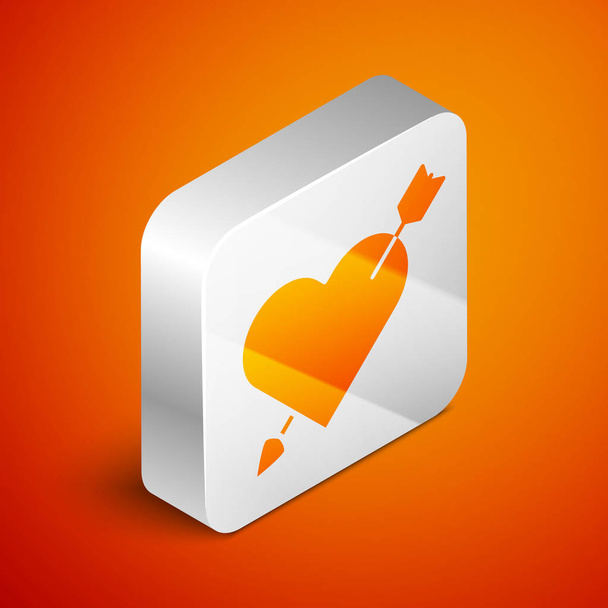 Ισομετρική Amour σύμβολο με την καρδιά και το βέλος εικονίδιο απομονώνονται σε πορτοκαλί φόντο. Ερωτικό σημάδι. Σύμβολο του Αγίου Βαλεντίνου. Ασημένιο τετράγωνο κουμπί. Εικονογράφηση διανύσματος - Διάνυσμα, εικόνα