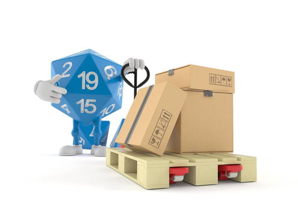 Rpg dobbelsteen karakter met hand pallet truck met kartonnen dozen - Foto, afbeelding