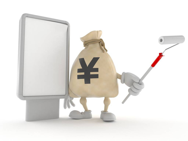 Personagem de saco de dinheiro de iene com outdoor em branco
 - Foto, Imagem