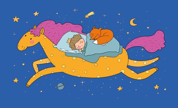 The boy in the crown sleeps on a magic pony. The little king. Good night. Sweet Dreams - Διάνυσμα, εικόνα