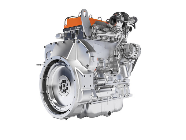 3D-Rendering orangefarbener Motor für Auto-Montage auf weißem Hintergrund  - Foto, Bild