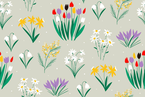 Spring colorful pattern on a green background with flowers. Trendy hand drawn textures.Cute summer background with flowers and leaves. Modern abstract design for,paper, cover, fabric and other users - Vektor, Bild