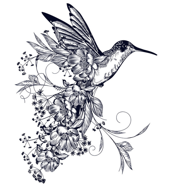 Elegant vector hummingbird with flowers and flourishes in vintag - Вектор,изображение