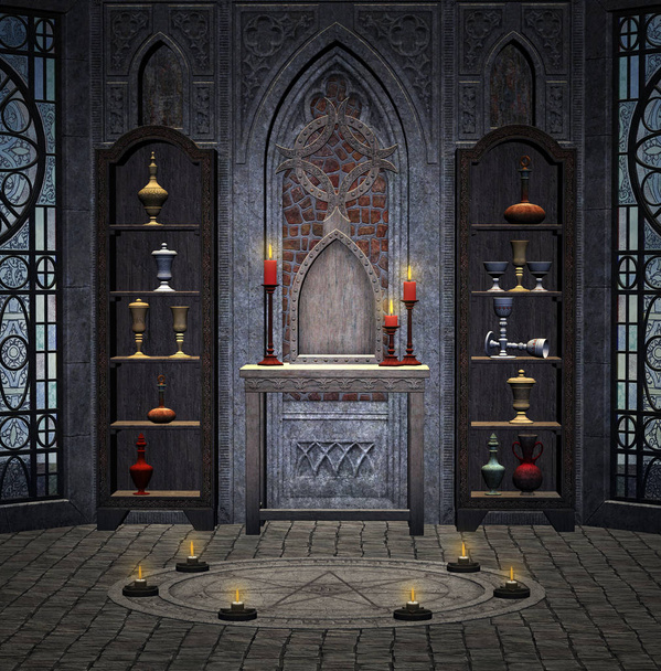 Tajemniczy średniowieczny pokój alchemika z magicznym ołtarzem - Zdjęcie, obraz