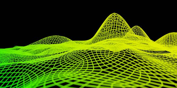 Datatechnologie abstracte futuristische groene en gele lage poly vorm gloeiende draad mesh oppervlak op donkere achtergrond. 3d rendering 3d illustratie render - Foto, afbeelding