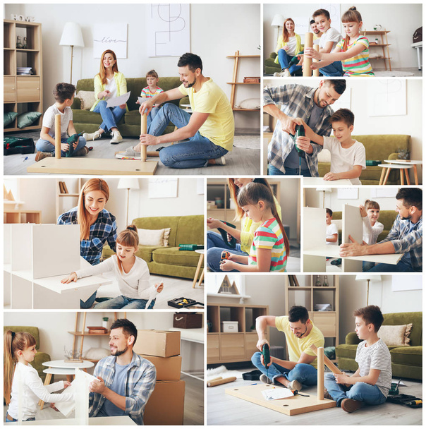 Collage of photos with family assembling furniture at home - Foto, Bild