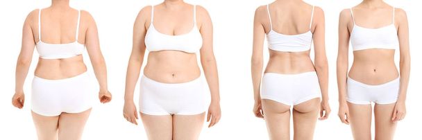 Νεαρή γυναίκα πριν και μετά την απώλεια βάρους σε λευκό φόντο - Φωτογραφία, εικόνα