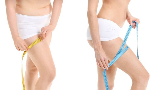 Молодая женщина с измерительной лентой до и после потери веса на белом фоне
 - Фото, изображение