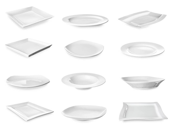 Diferentes placas de cerâmica no fundo branco
 - Foto, Imagem