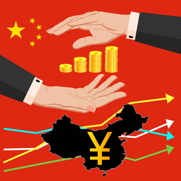 Due mani femminili intorno allo yuan d'oro, monete in yen sullo sfondo o
 - Vettoriali, immagini