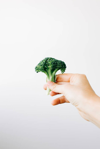 green inflorescence of fresh broccoli in hand on a white background. vegan food - Foto, Bild