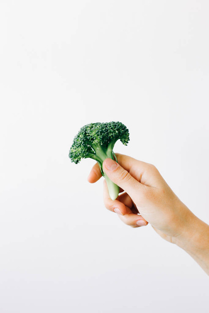 green inflorescence of fresh broccoli in hand on a white background. vegan food - Fotografie, Obrázek