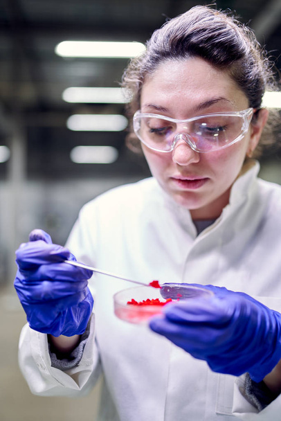 Young laboratory woman in glasses and petri dish in her hands is conducting experiments on defocused background - Photo, Image