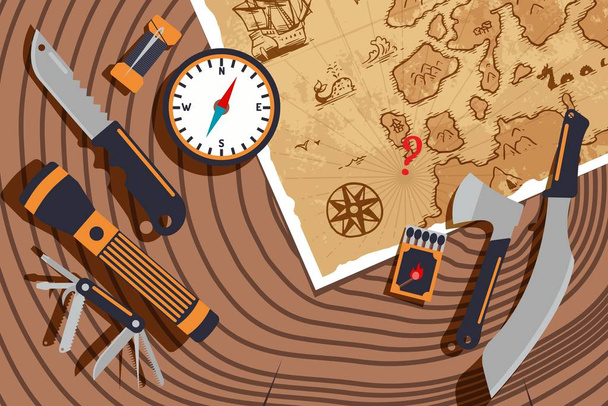 Planning expedition to discover new lands, vector illustration. Old map, compass, knife and flashlight on tree stump texture. World exploration, travel adventures - Vector, Image