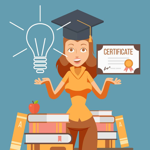 Graduate woman cartoon character, vector illustration. College student girl with education certificate. University studying, graduation diploma. Opportunities for future career - Vector, Image
