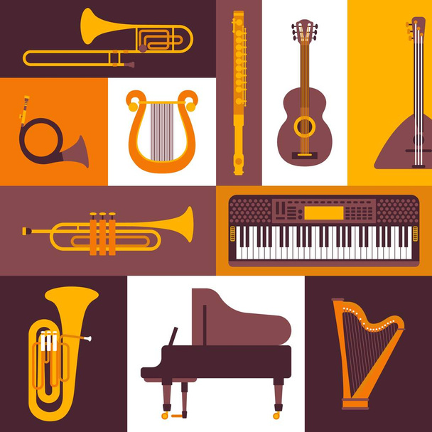 Musical instruments flat style icons, vector illustration. Collage of isolated emblems and stickers. Piano, keyboard, flute, brass and string instruments. Icon for musical shop - Vector, Image