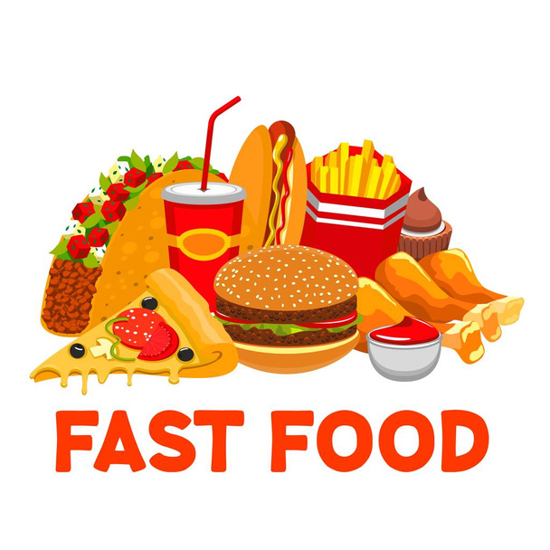 Burger, Cola, Pizza, Pommes zum Mitnehmen Fastfood - Vektor, Bild