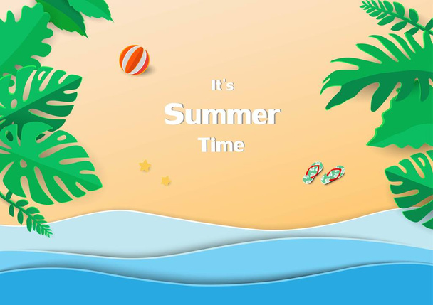 Conceito de feliz e relaxar na hora de verão, design de arte de papel com folhas tropicais, mar azul e praia, ilustração vetorial
 - Vetor, Imagem