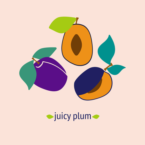 illustration of a juicy plum. plums and green leaves on a light coloured background. sliced plum. flesh plums. Vector background. - Vector, Image