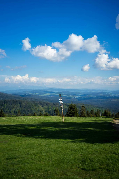 Shot of a sign post against a landscape of trees and hills - Foto, Bild